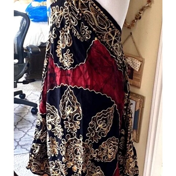 NWT Mamta One Size Dress Maxi Halter Embroidered Made in India Red Black - Picture 4 of 8